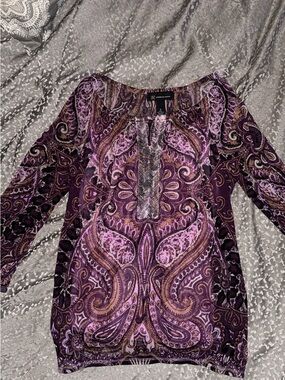 INC International Concepts Purple Paisley Long Sleeve Blouse